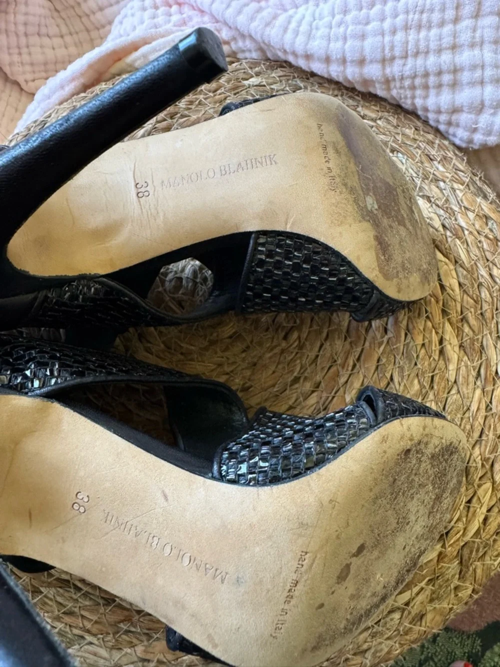 Manolo Blahnik Black Woven Leather Crisscross Peep-Toe Heels - Picture 5 of 8